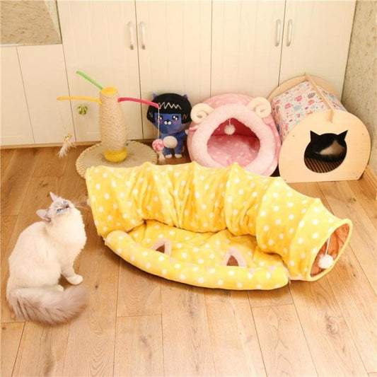 Soft Cat Tunnel With Bed Mat Yellow